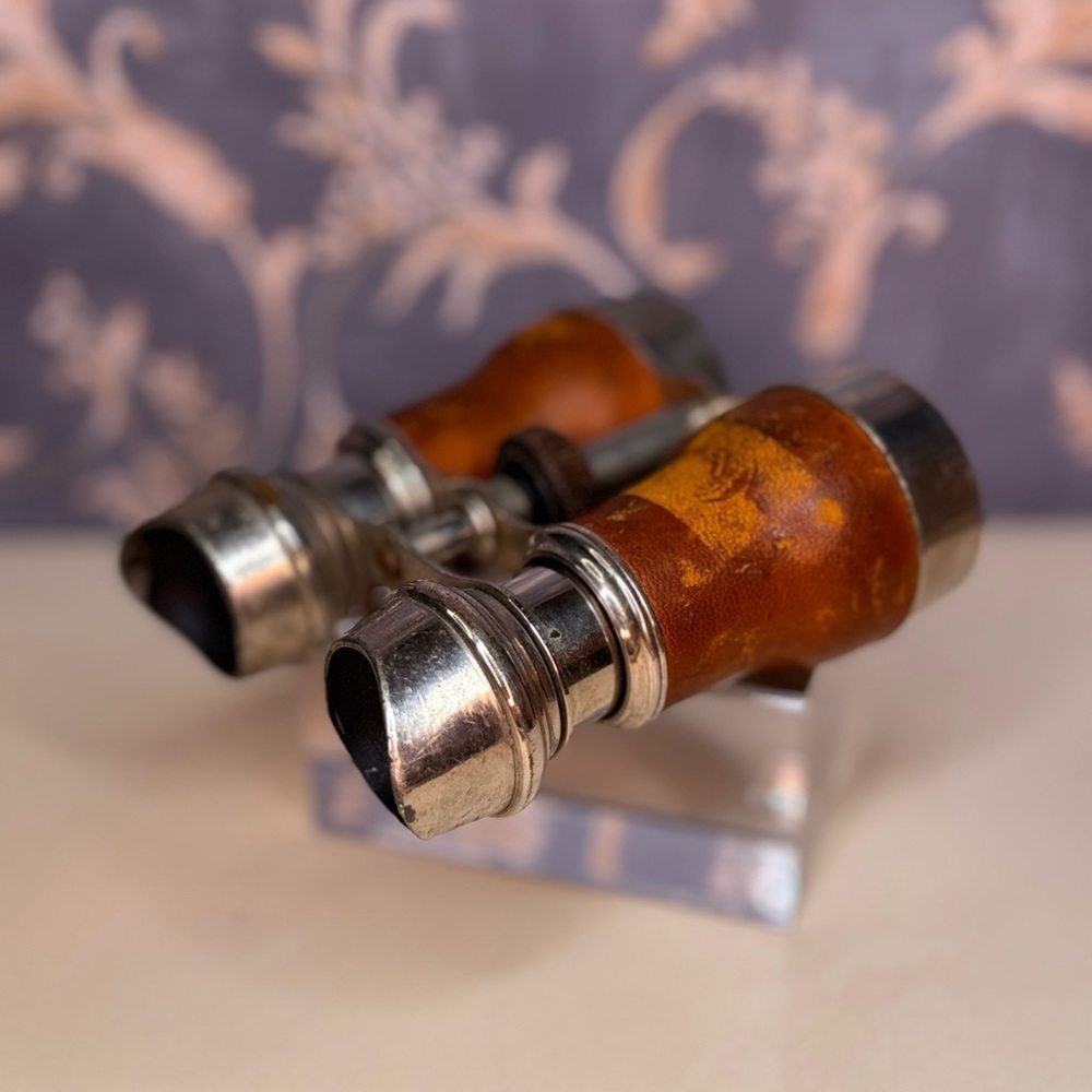 Antique Estate Brown Leather and Metal Opera Binoculars Made in France